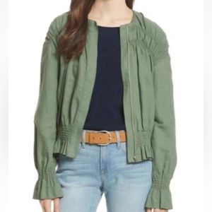 FRAME Denim Army Green Smocked Linen Bomber Jacket Size L